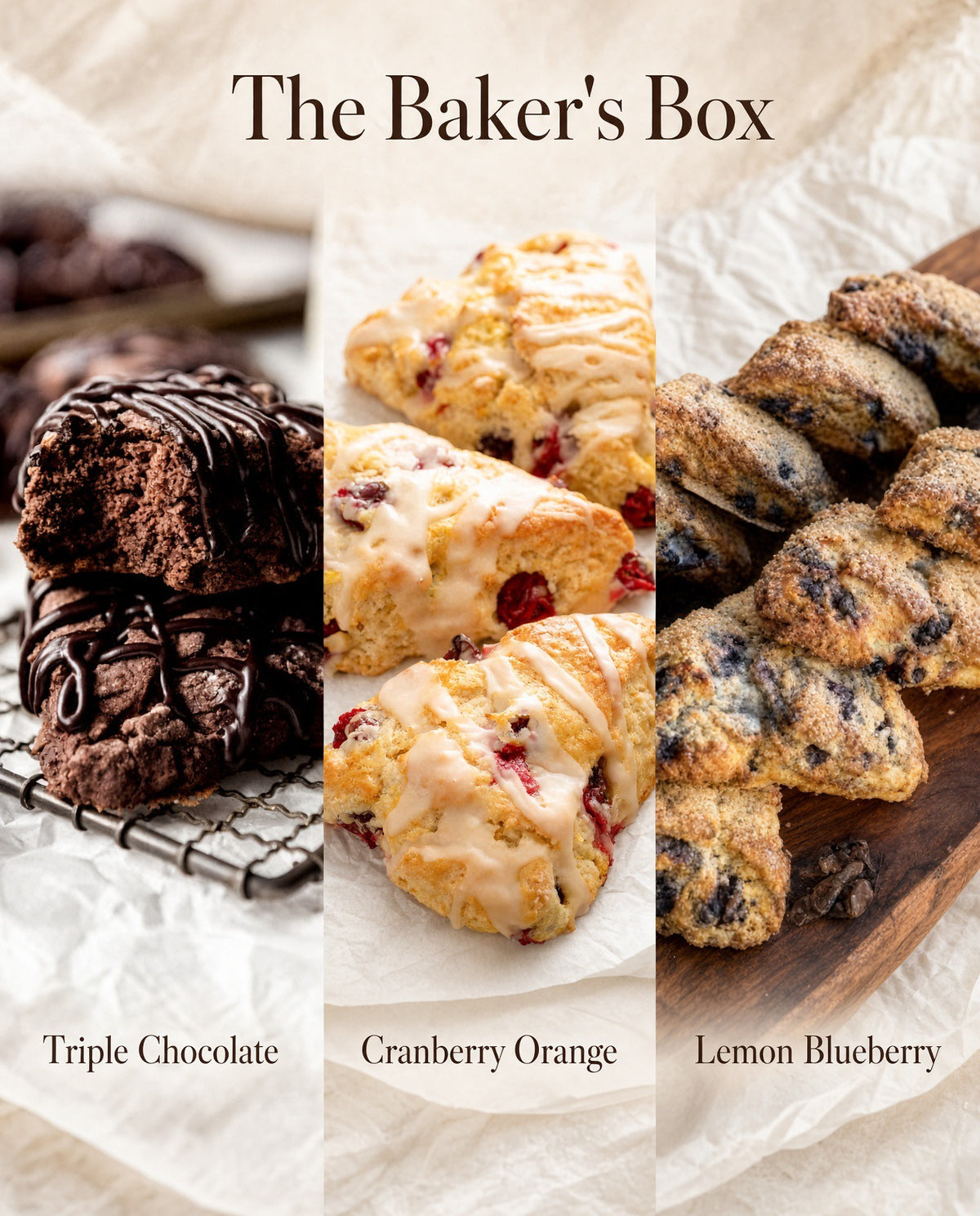 A bakery assortment box labeled 'The Baker's Box' featuring three vertical panels of baked goods: chocolate chip cookies on the left, cranberry orange scones in the center, and lemon blueberry scones on the right, with text naming each variety below.