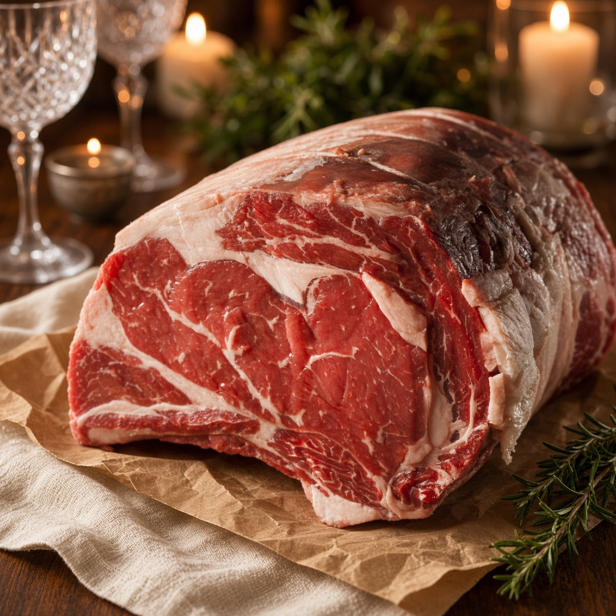 A large raw prime rib roast with rich marbling, resting on brown butcher paper over a beige cloth, with warm background lighting from candles and wine glasses.