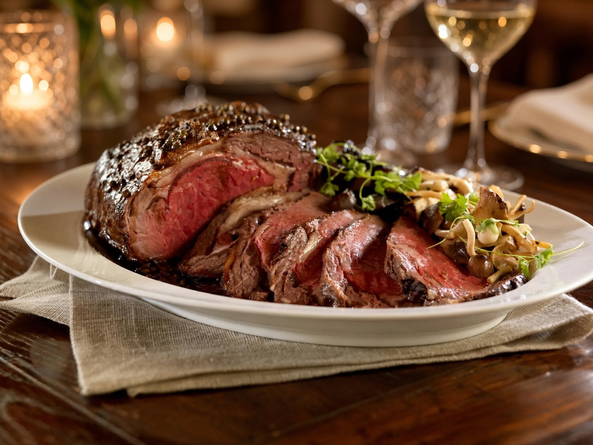A plated sliced prime rib roast beef with a pink center and a browned crust, served on a white plate with a side of mixed vegetables, set on a wooden table with candles and wine glasses in the background.