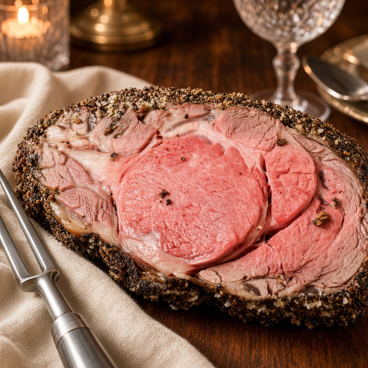 A close-up of a sliced cooked prime rib roast of meat on a wooden table, with a fork, glass, and candle in the background.
