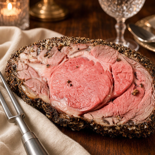A close-up of a sliced cooked prime rib roast of meat on a wooden table, with a fork, glass, and candle in the background.