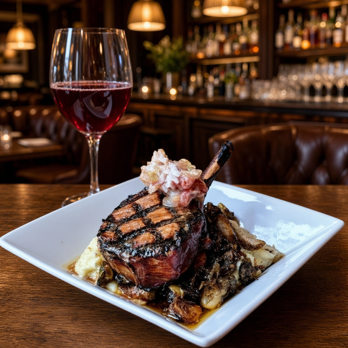 A plated gourmet pork ribeye steak chop dish on a white square plate at a restaurant, with a glass of red wine in the foreground and a blurred bar interior behind.