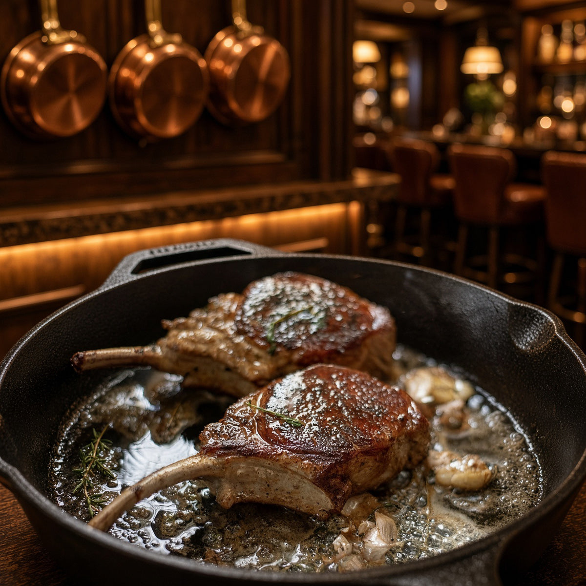 Two cooked pork ribeye chops in a black cast-iron skillet with rendered fat and herbs, photographed in a warm, dark restaurant or kitchen setting with copper pots and bar stools blurred in the background.