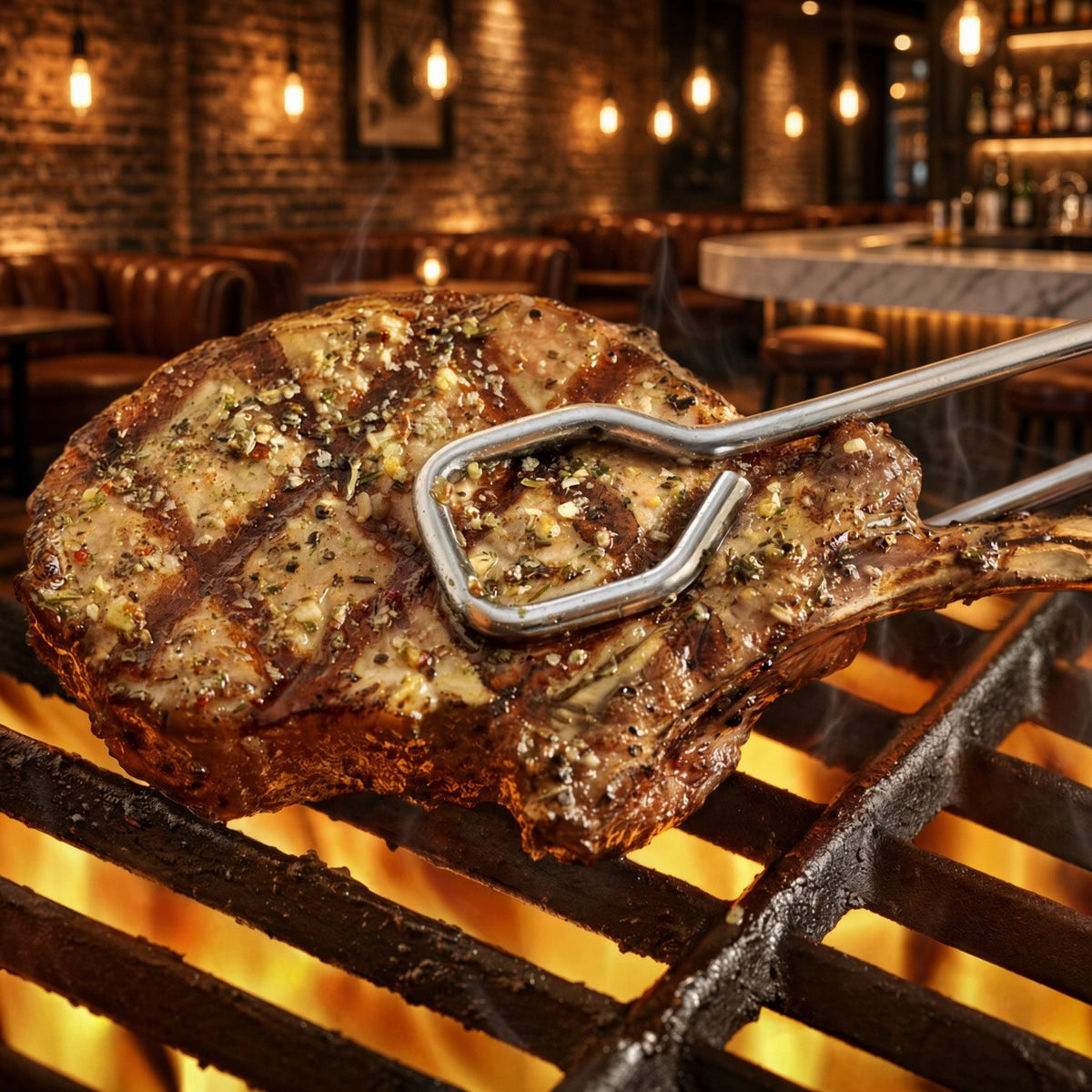 A close-up of a grilled pork ribeye chop with charred marks and herbs, held on a grill over a restaurant setting with warm lights and tables in the background.