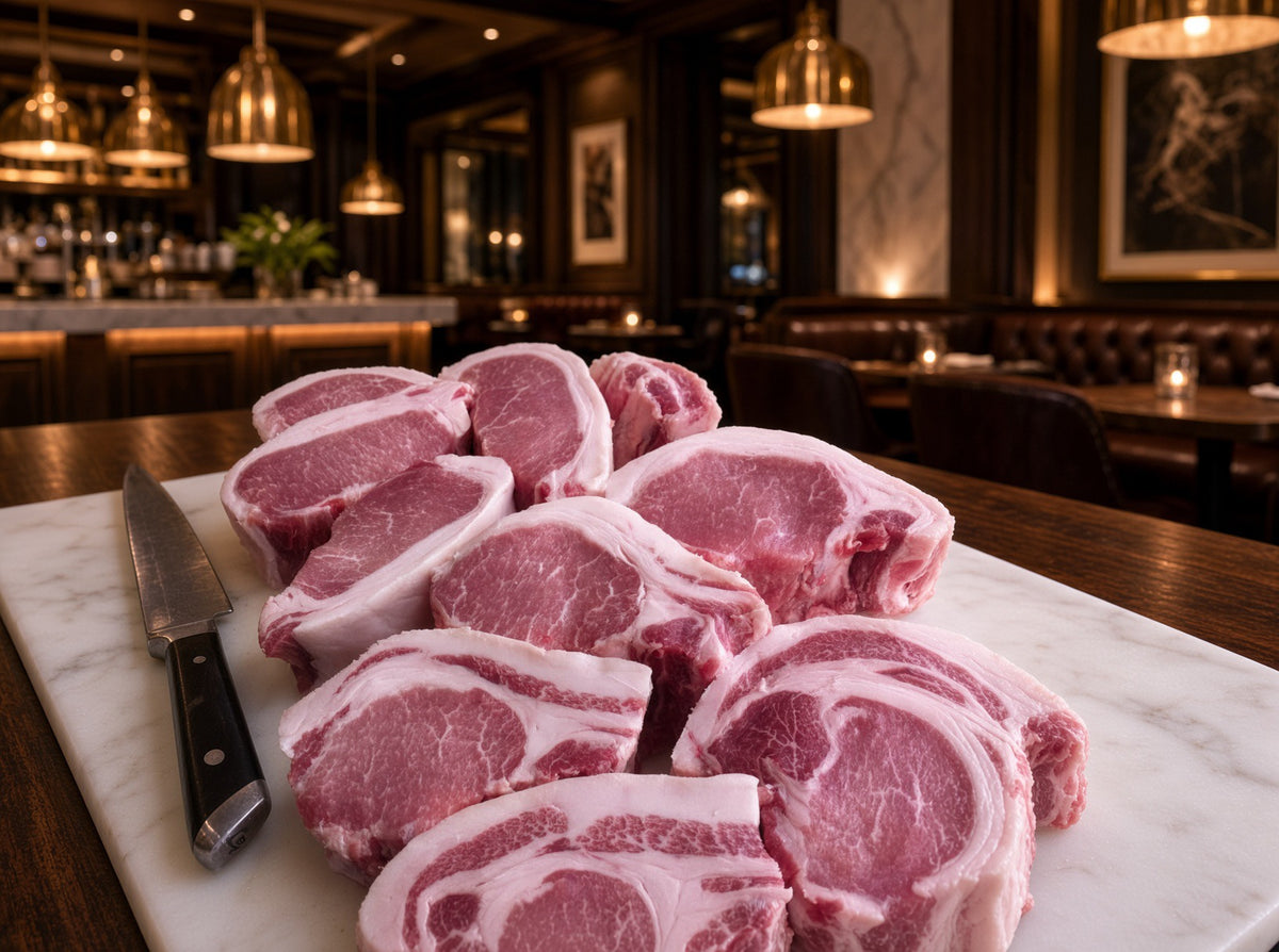 Raw pork ribeye chops arranged on a white marble cutting board with a knife, set on a wooden table in a warmly lit restaurant or bar interior.