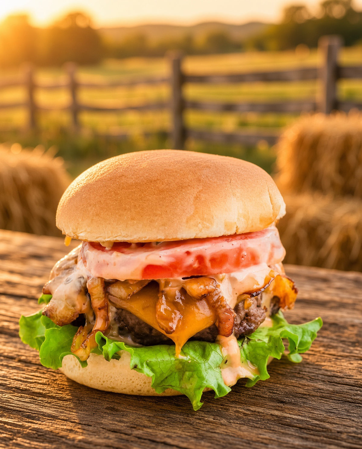 A gourmet bison cheeseburger with a thick beef patty, melted cheddar cheese, caramelized onions, a slice of tomato, and fresh lettuce on a wooden table, set against a blurred farm background at sunset.n 