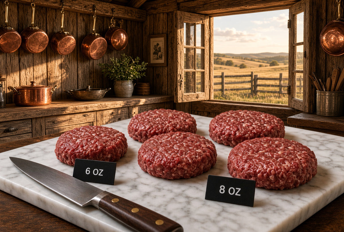 Five raw ground bison burger patties on a white marble cutting board in a rustic wood kitchen, with size labels reading 6 oz and 8 oz and a chef's knife in the foreground.