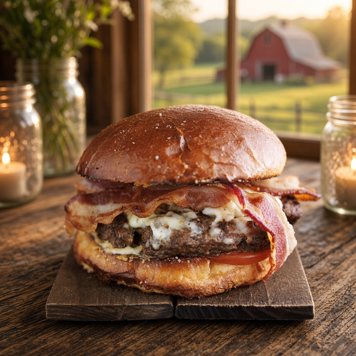 A gourmet burger with a thick bison patty, melted cheese, crispy bacon, and a tomato slice on a dark rye bun, presented on a wooden cutting board in a rustic setting with a red barn in the background.