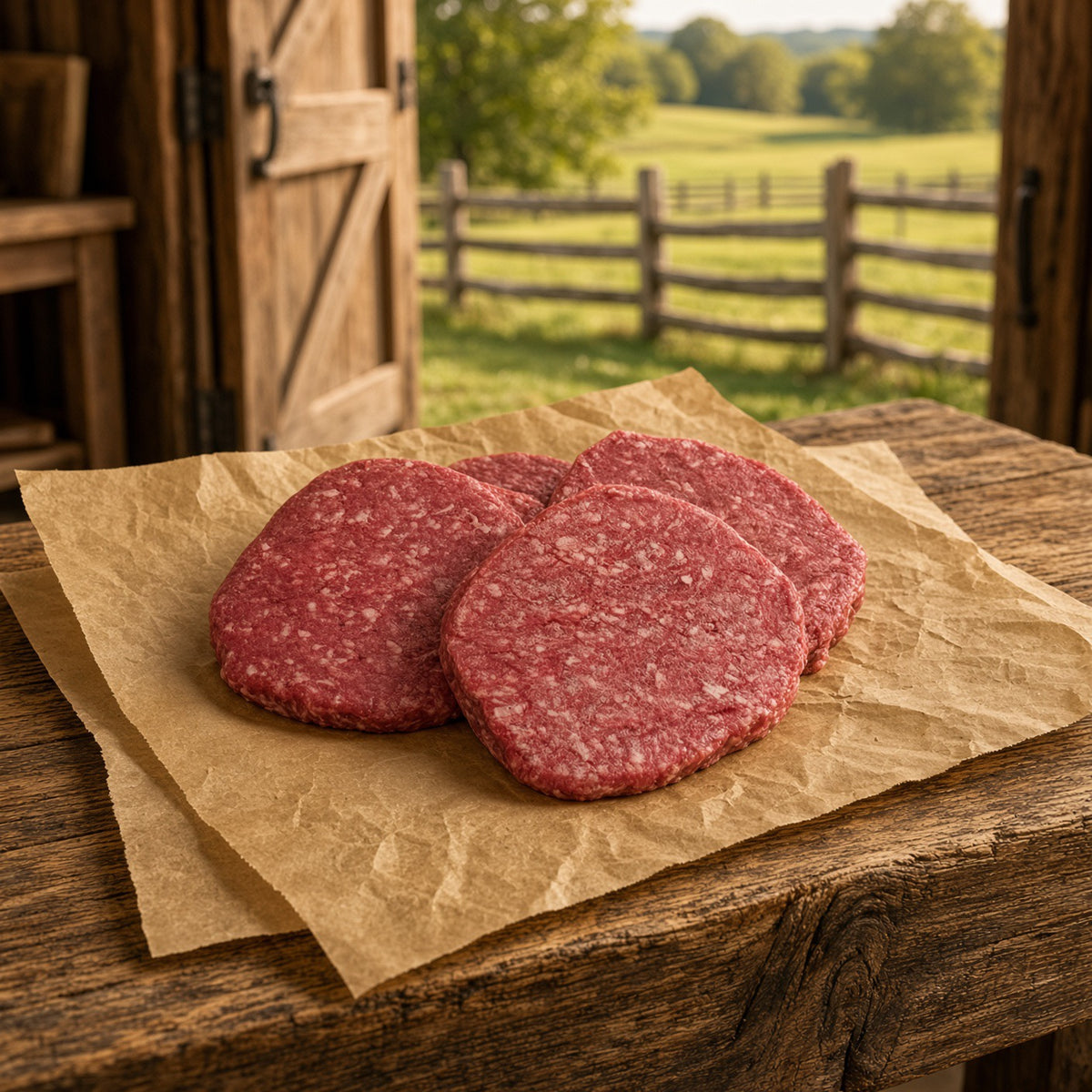 Two raw bison burger patties on a sheet of brown butcher paper, set on a rustic wooden table with a blurred outdoor farm background showing a fence and green field.