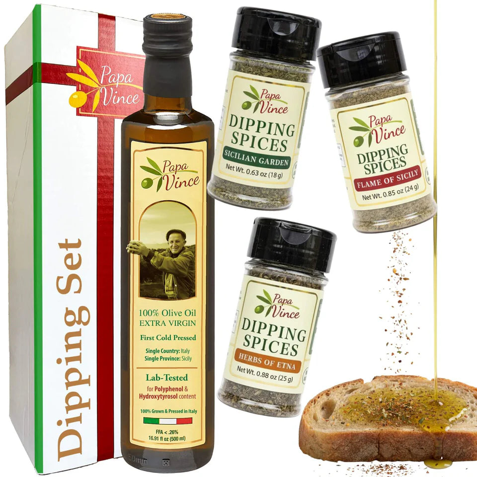 Papa Vince Bread Dipping Gift Set – Italian Extra Virgin Olive Oil & 3 Seasoning Spices for Bread Dipping, Tasting & Appetizers