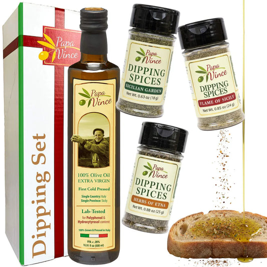 Papa Vince Bread Dipping Gift Set – Italian Extra Virgin Olive Oil & 3 Seasoning Spices for Bread Dipping, Tasting & Appetizers