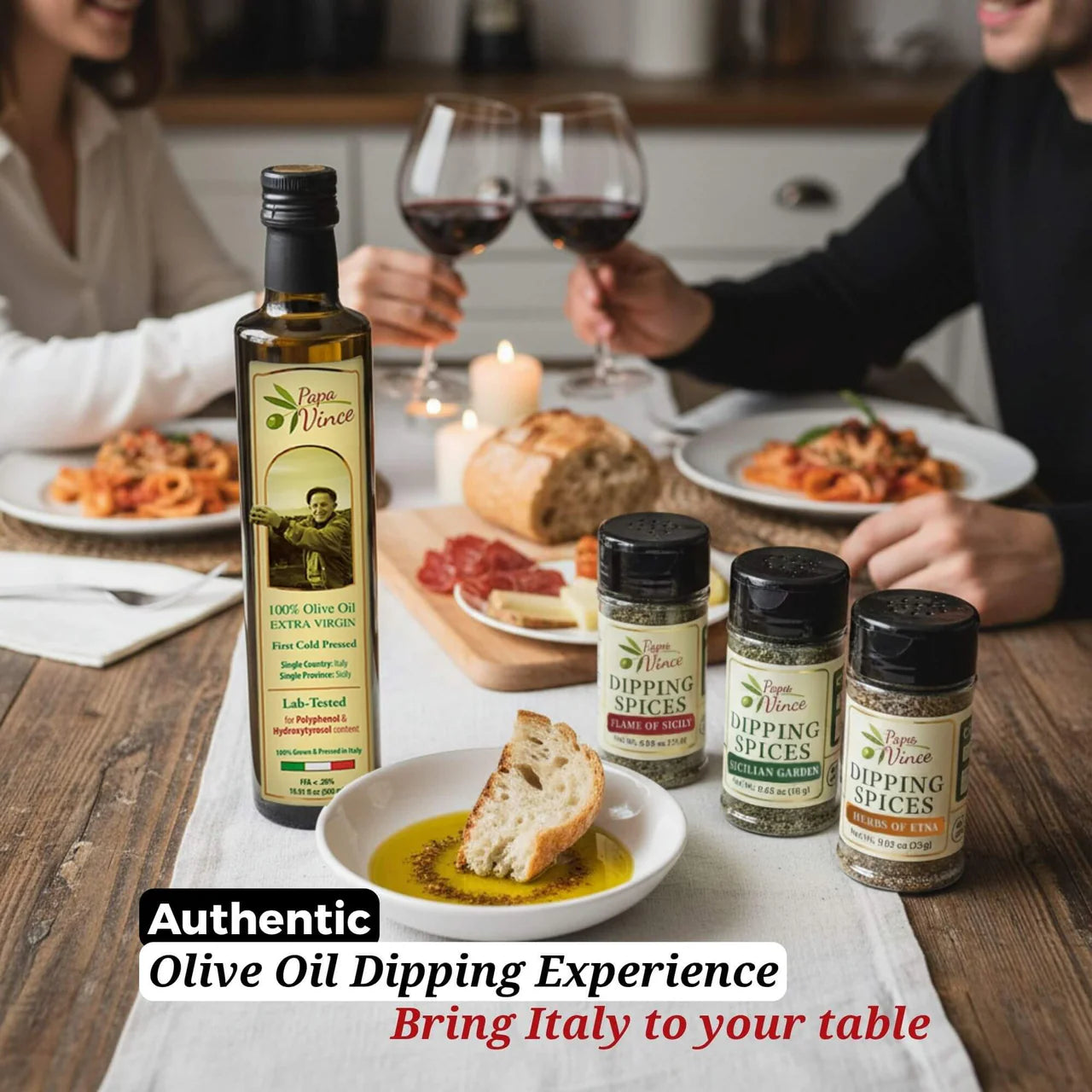 Papa Vince Bread Dipping Gift Set – Italian Extra Virgin Olive Oil & 3 Seasoning Spices for Bread Dipping, Tasting & Appetizers