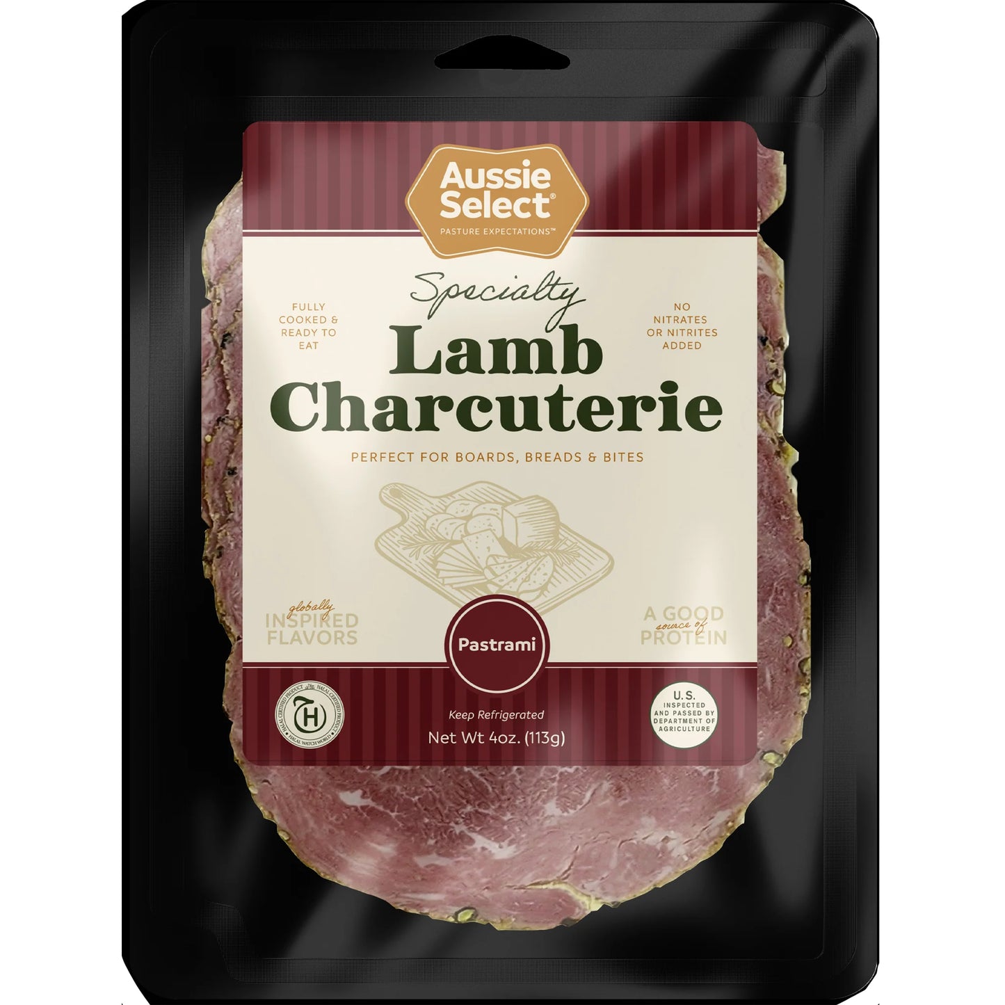 Lamb Pastrami Sliced Charcuterie, Fully Cooked, Grass-Fed, Halal - Hickory and Mesquite Smoked with Peppercorn - 8/Case