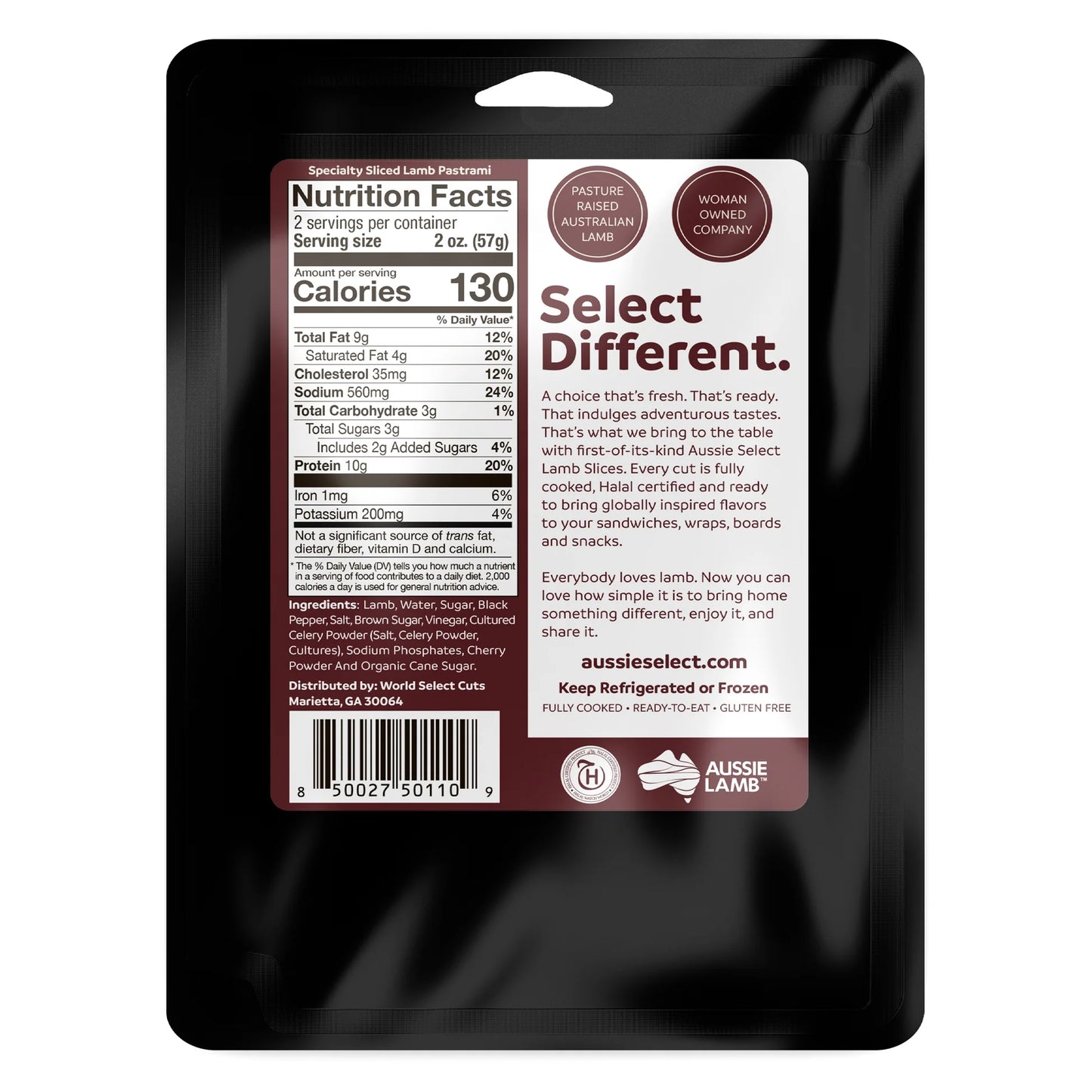 Lamb Pastrami Sliced Charcuterie, Fully Cooked, Grass-Fed, Halal - Hickory and Mesquite Smoked with Peppercorn - 8/Case