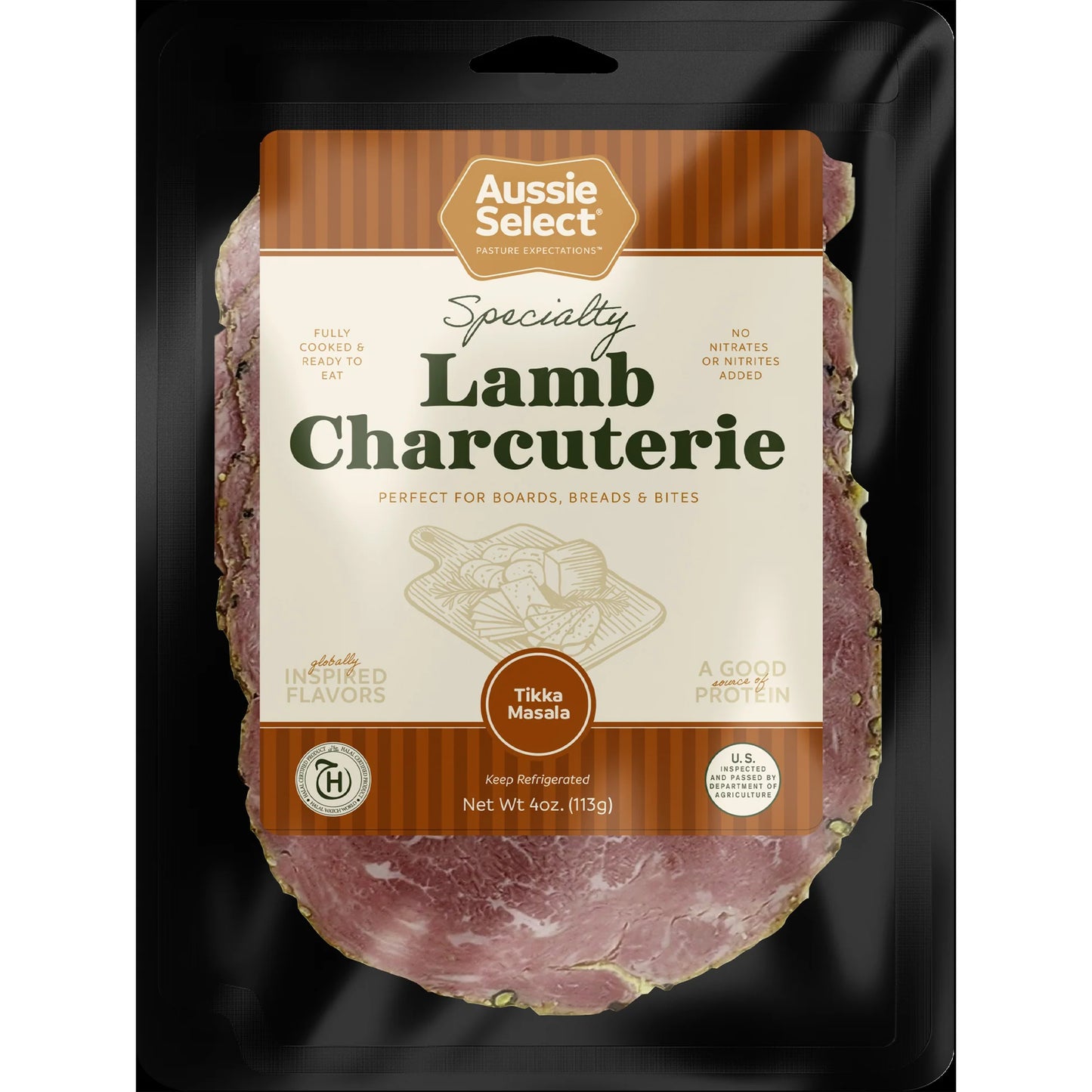Lamb Tikka Masala Sliced Charcuterie, Fully Cooked, Grass-Fed, Halal - Warm Masala Spice Blend Rub - 8/Case