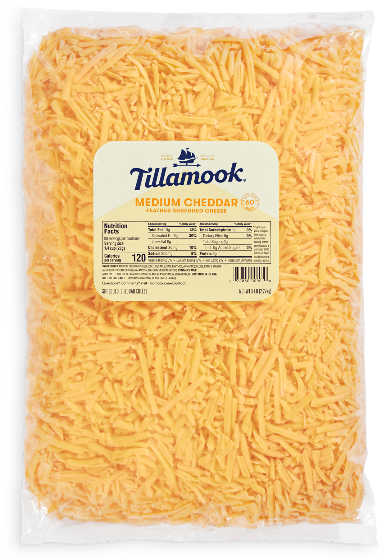 Tillamook Shredded Medium Cheddar Cheese 5 lb. Bag - 4/Case