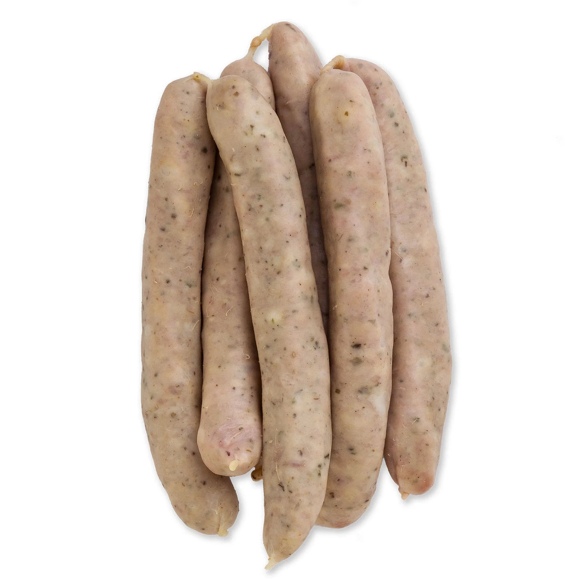 Herb-speckled bratwurst links arranged on a white background.