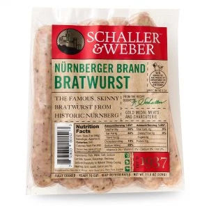 Schaller & Weber Nürnberger Brand Bratwurst package with a red and cream label.
