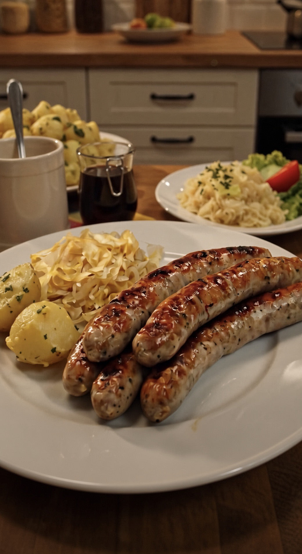 Grilled bratwurst served with potatoes and sauerkraut on a white plate.