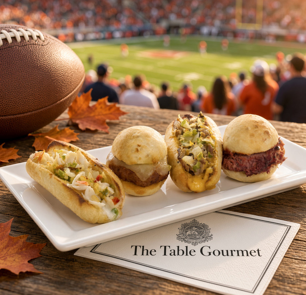 Four assorted mini sandwiches on a white platter beside a football overlooking a stadium