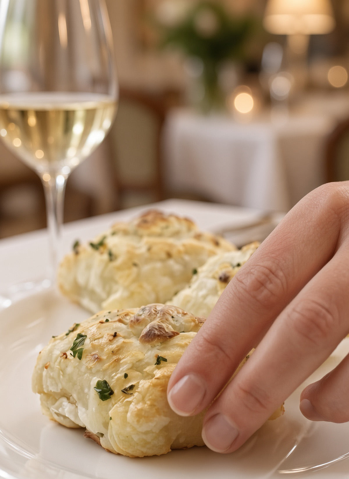 Hand reaching for a petite Coq au Vin bite on a white plate beside a wine glass