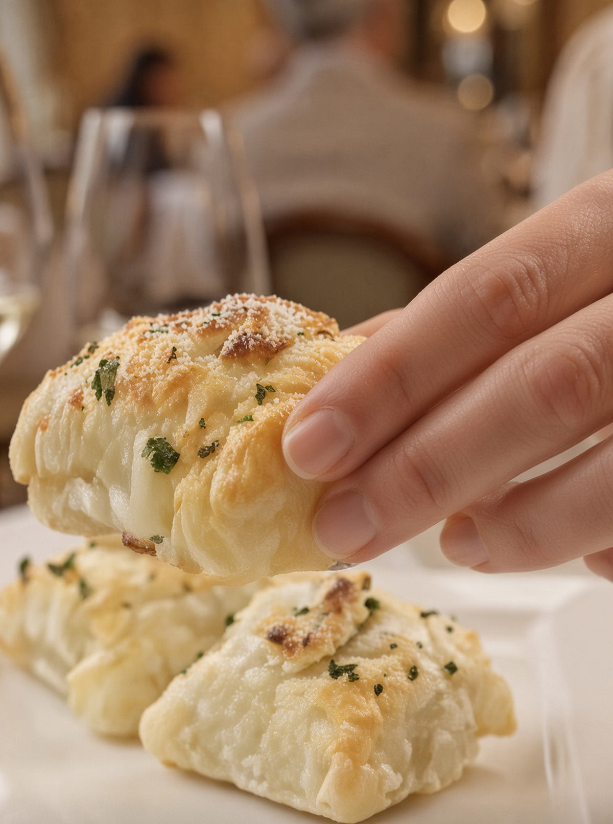 Hand lifting a golden petite Coq au Vin bite white from a serving plate