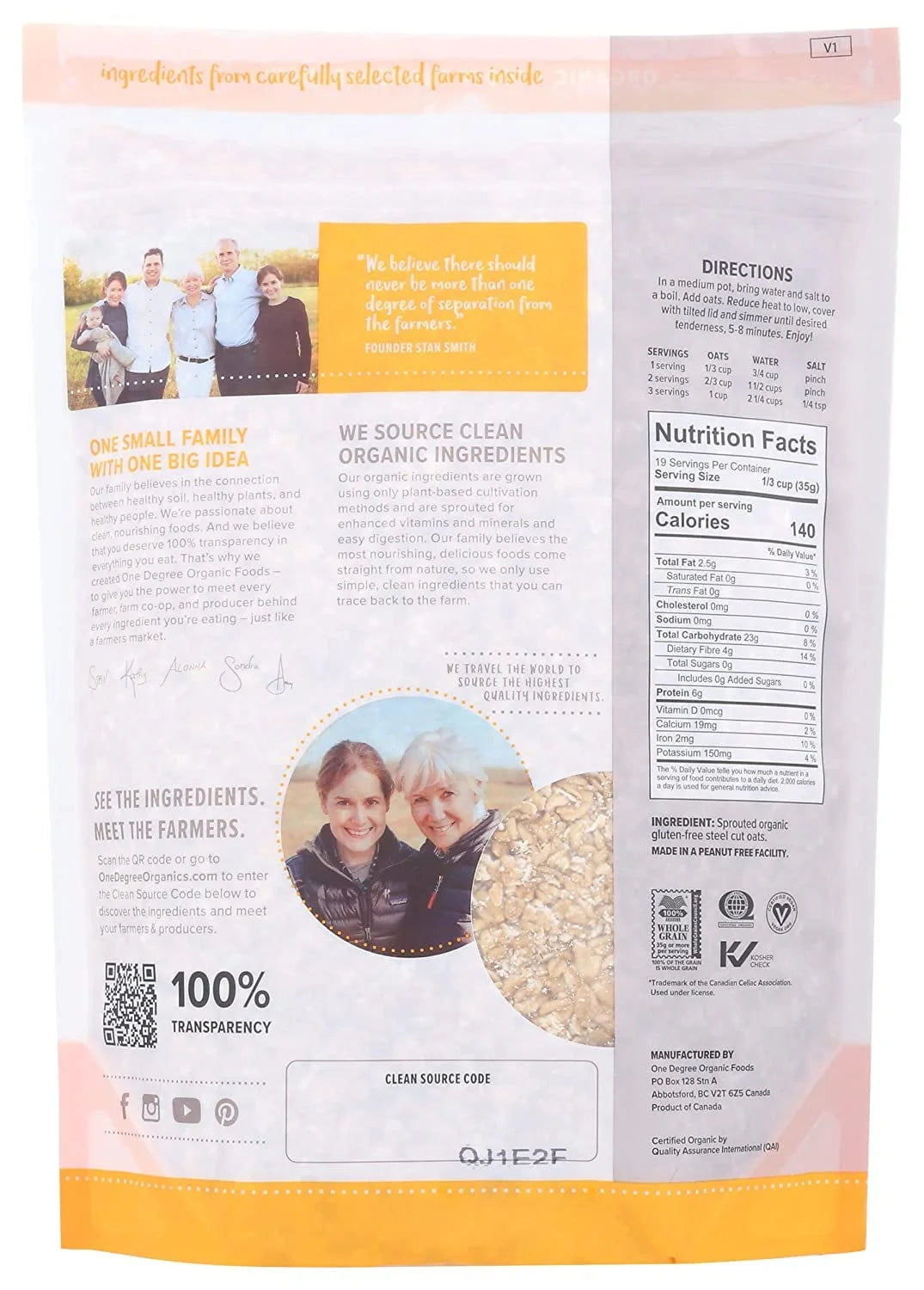 One Degree Organic Foods Sprouted Rolled Oats, USDA Organic, Non-GMO Gluten Free Oatmeal