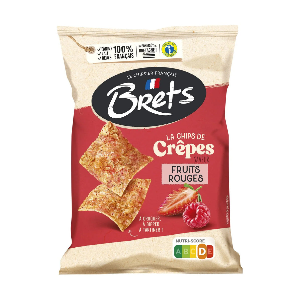 Front of Brets Red Berries crêpe-chip bag labeled Fruits Rouges on a white background
