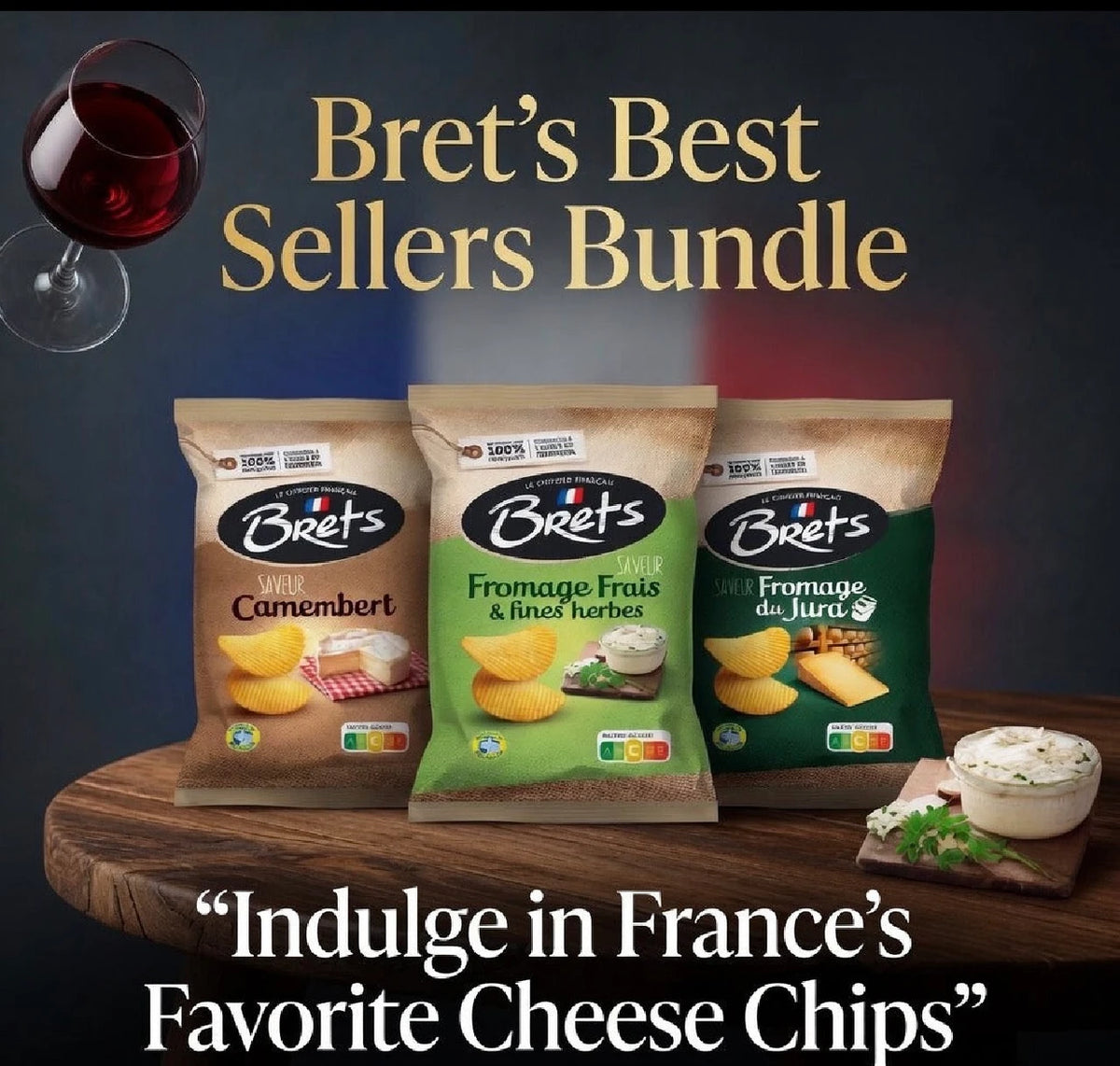 Brets cheese-chip bundle advertisement featuring Camembert, Fresh Cheese and Herbs, and Jura Cheese flavors
