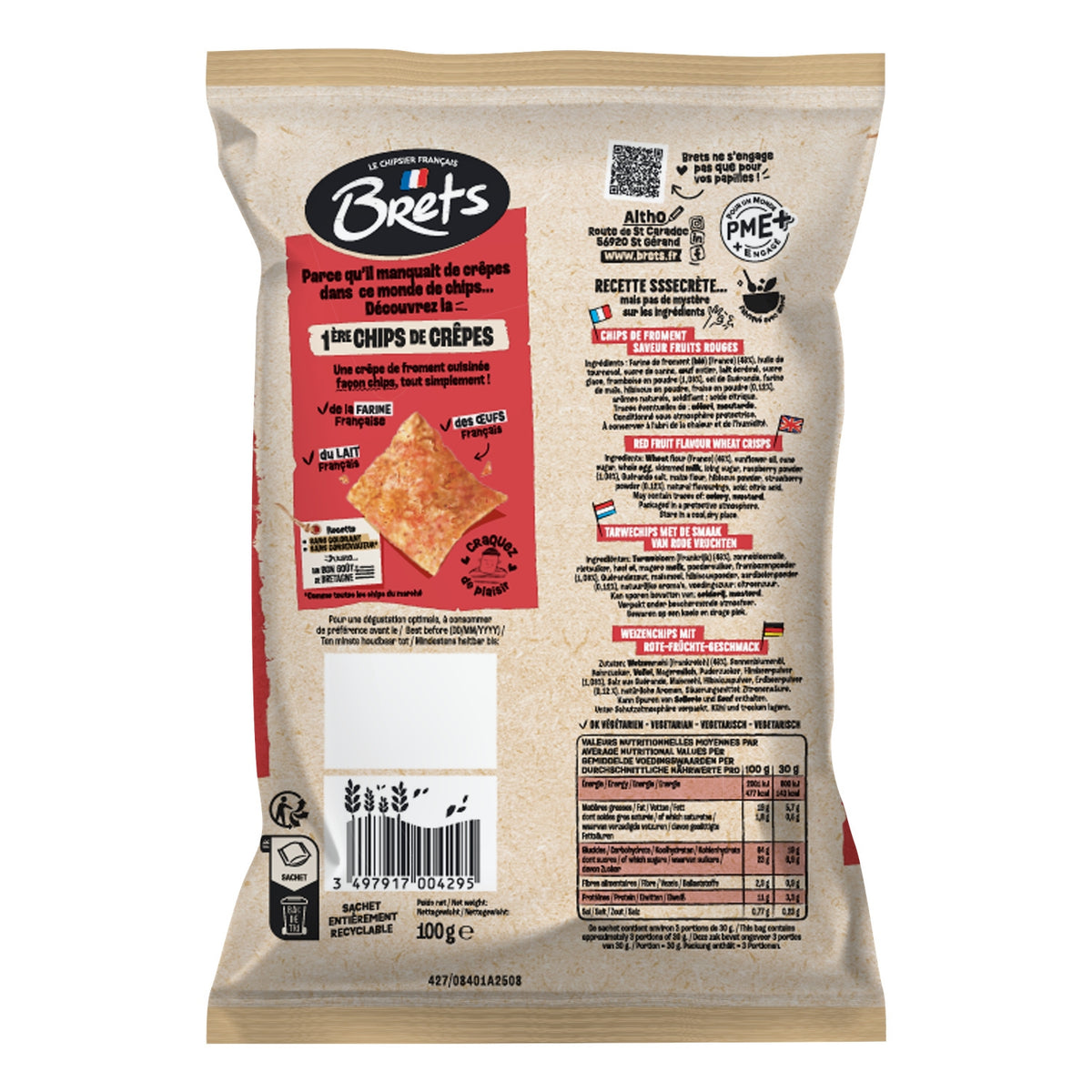 Back of Brets Red Berries crêpe-chip bag showing ingredients, nutrition information and barcode
