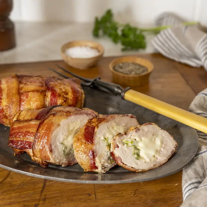 Bacon Wrapped Stuffed Pork Loin: Apple & Blue Cheese