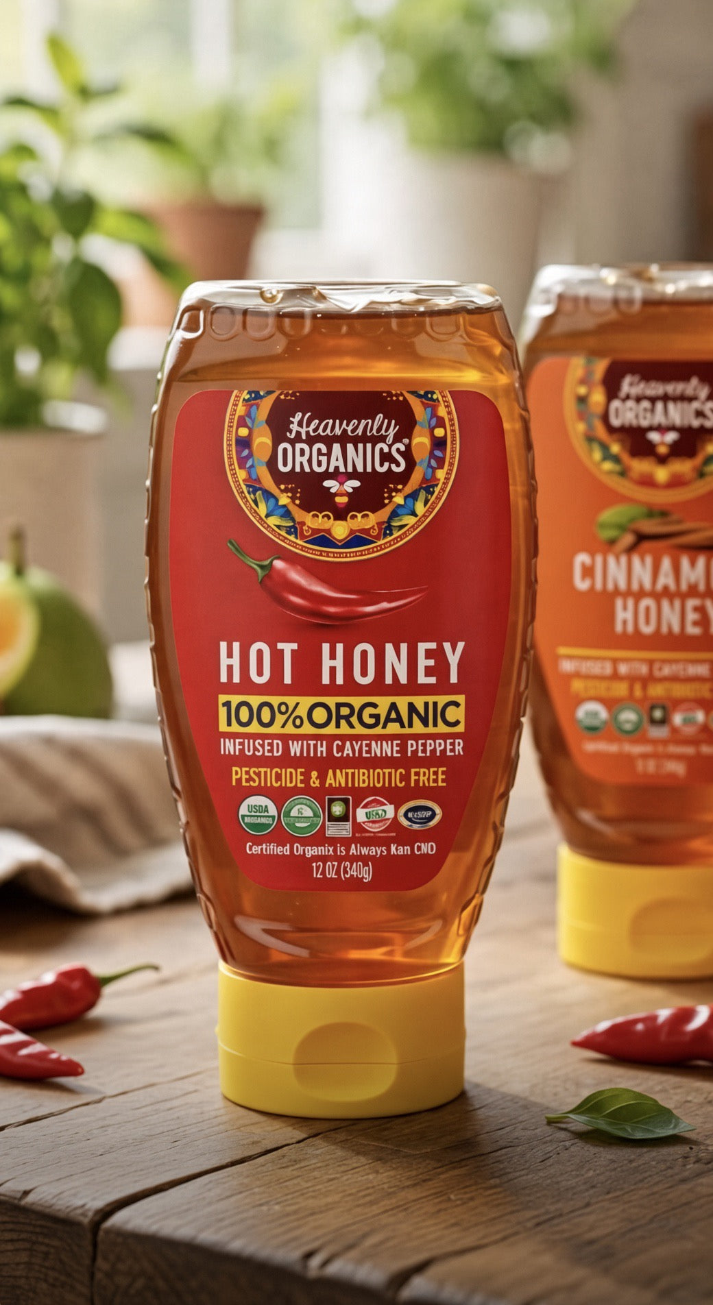 Heavenly Organics Hot Honey 12 oz squeeze bottle on a wooden table, with cinnamon honey behind it
