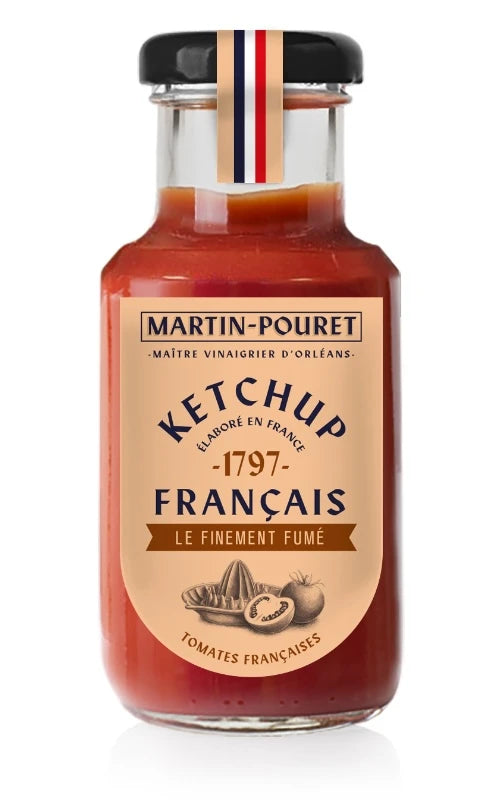 Martin Pouret smoked French ketchup bottle with a gold label on a white background
