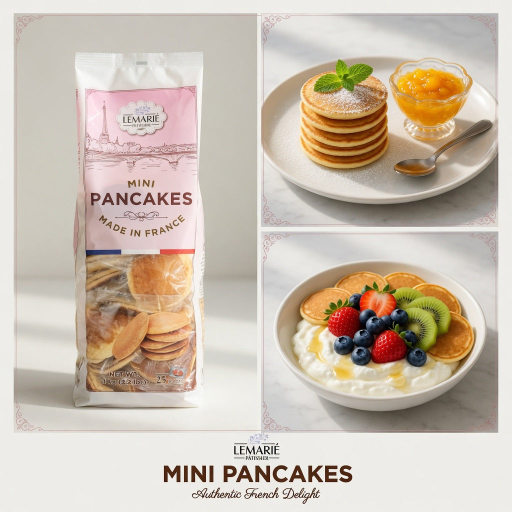 Lemarié Pâtissier Mini Pancakes 1kg bag made in France with serving suggestions of fruit and yogurt