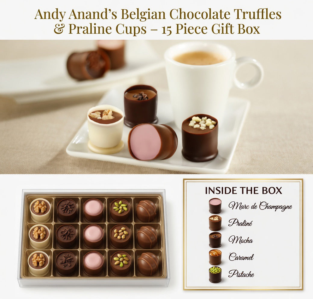 Andy Anand’s Belgian Chocolate Truffles & Praline Cups - Crafted with the Freshest Cream - includes 15