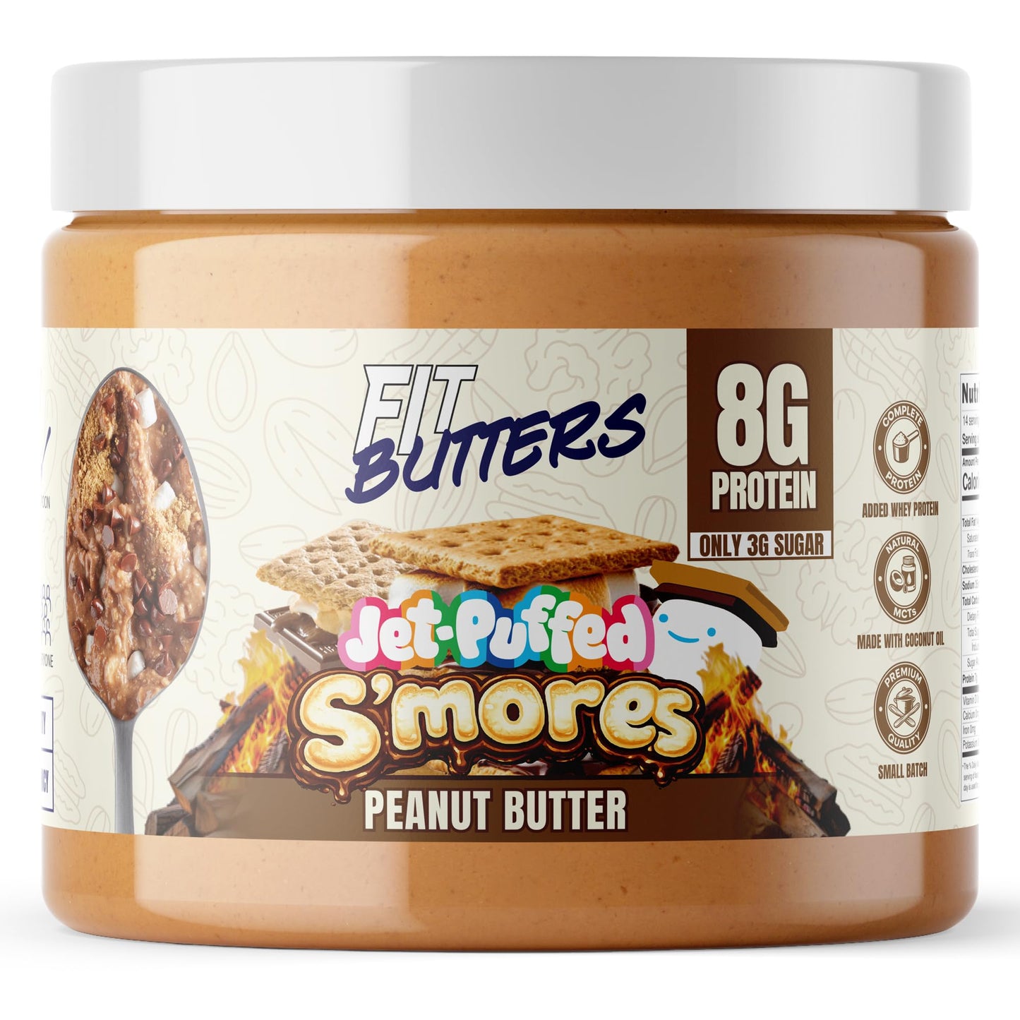 JET-PUFFED S’mores Peanut Butter
Dessert-Flavored Nut Butter with Whey Protein & Coconut Oil – Low Carb, Low Sugar, Complete Protein