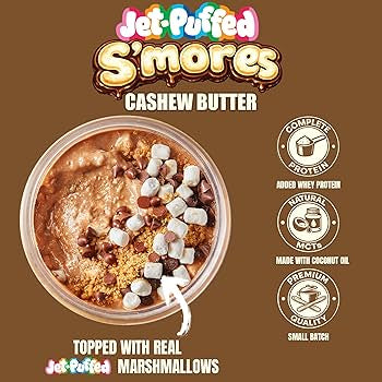 JET-PUFFED S’mores Peanut Butter
Dessert-Flavored Nut Butter with Whey Protein & Coconut Oil – Low Carb, Low Sugar, Complete Protein