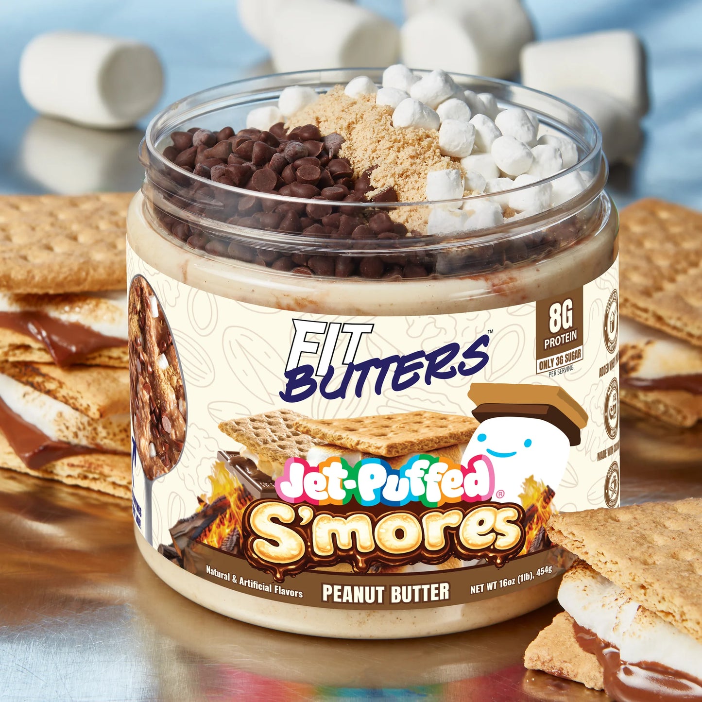 JET-PUFFED S’mores Peanut Butter
Dessert-Flavored Nut Butter with Whey Protein & Coconut Oil – Low Carb, Low Sugar, Complete Protein
