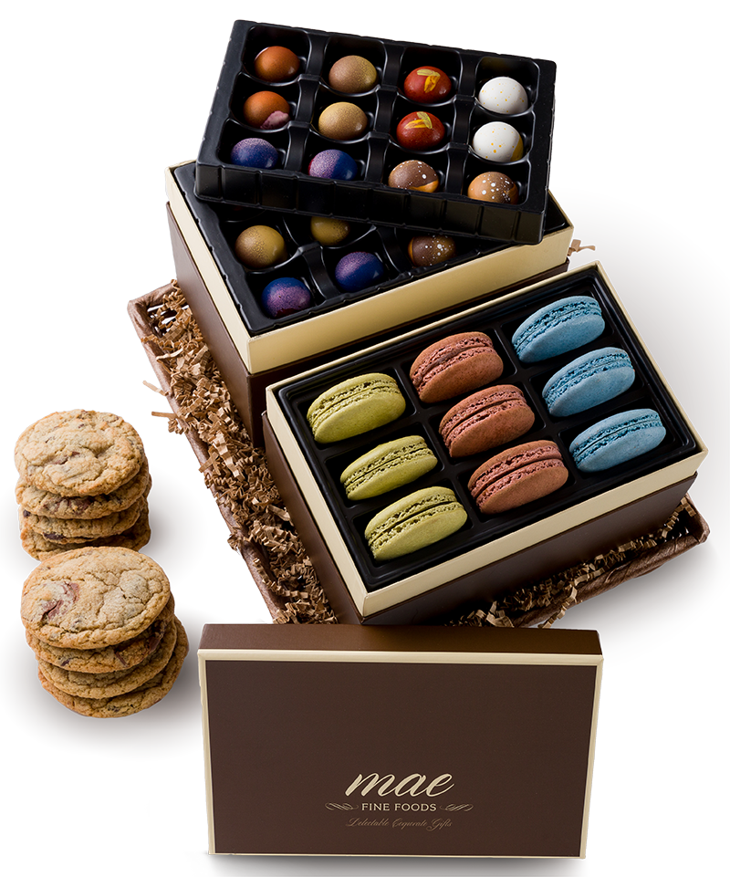 MAE Fine Foods Gourmet Chocolate, French Macarons & Chocolate Chunk Cookie Large Gift Basket