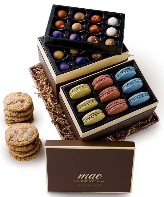 MAE Fine Foods Gourmet Chocolate, French Macarons & Chocolate Chunk Cookie Large Gift Basket
