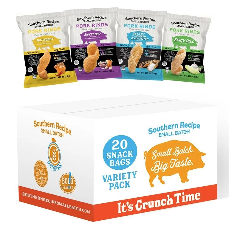 Pork Rinds Cracklins Variety Pack - Hot Honey, Sweet BBQ, Spicy Dill, Salt & Pepper | 4 Flavors | Southern Recipe Small Batch Chicharrones | Keto Friendly & Low Carb - 20/Case