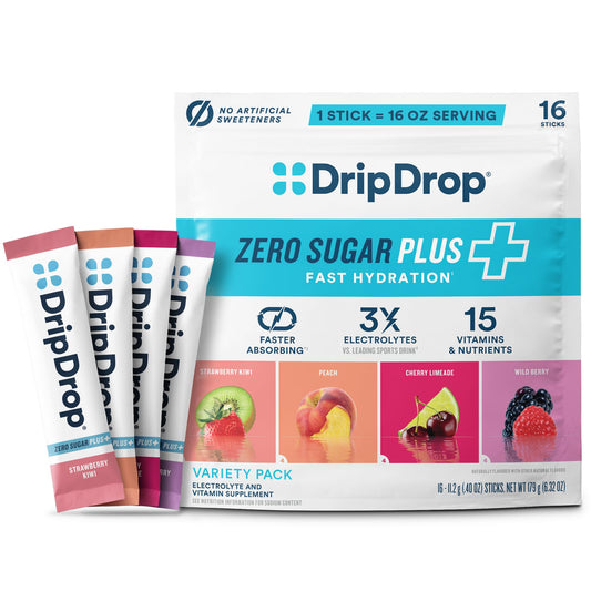 DripDrop Zero Sugar Plus Hydration Packets – Strawberry Kiwi, Peach, Cherry Limeade & Wild Berry, 16 Sticks