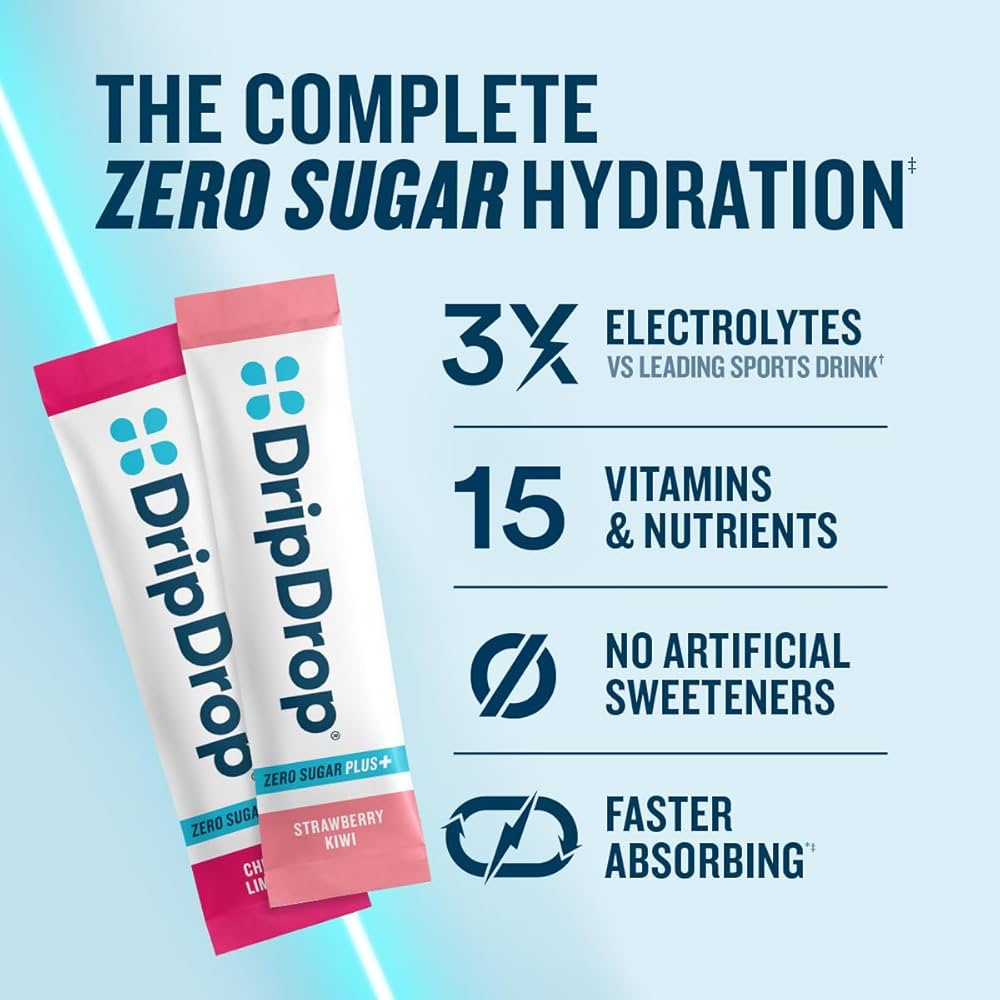 DripDrop Zero Sugar Plus Hydration Packets – Strawberry Kiwi, Peach, Cherry Limeade & Wild Berry, 16 Sticks