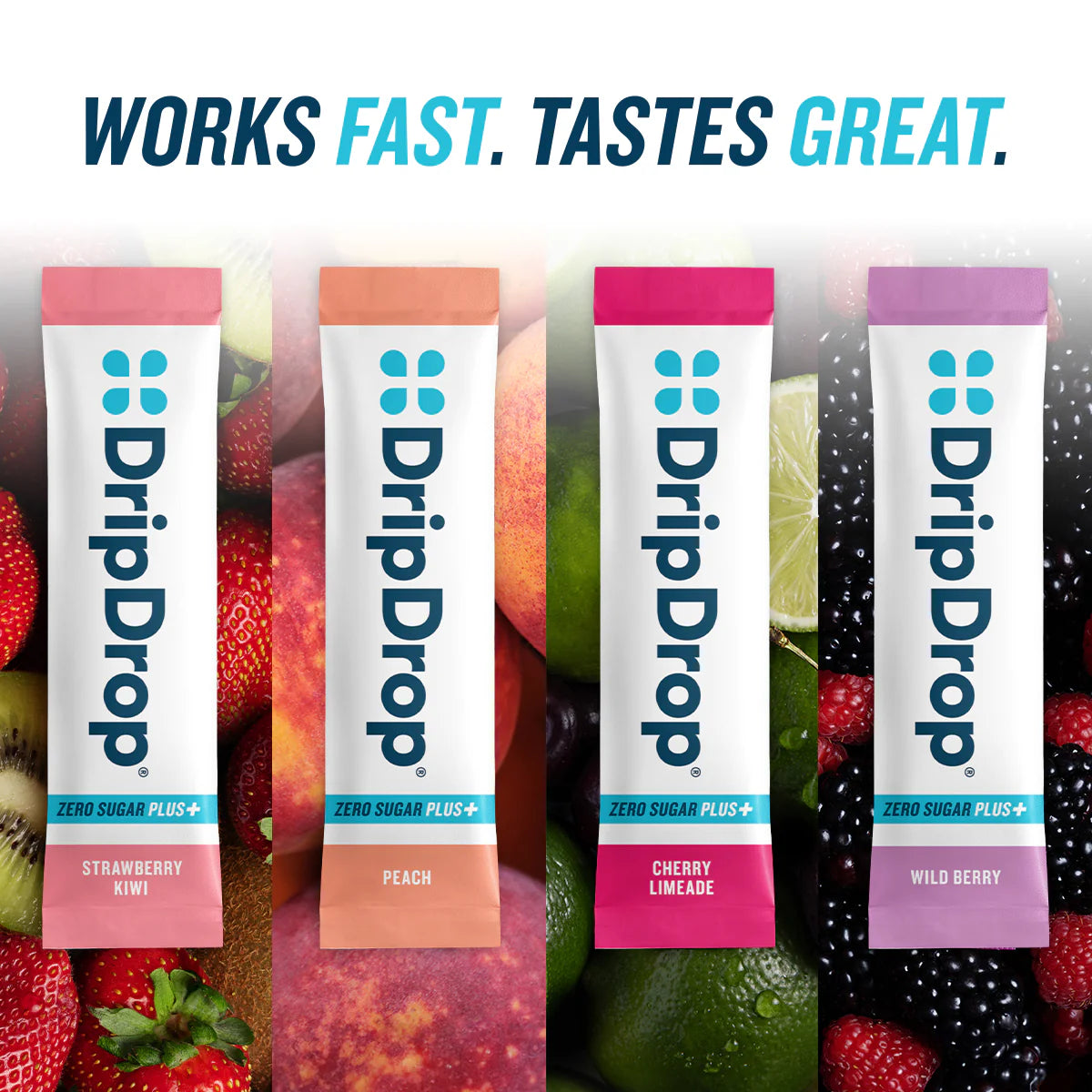 DripDrop Zero Sugar Plus Hydration Packets – Strawberry Kiwi, Peach, Cherry Limeade & Wild Berry, 16 Sticks