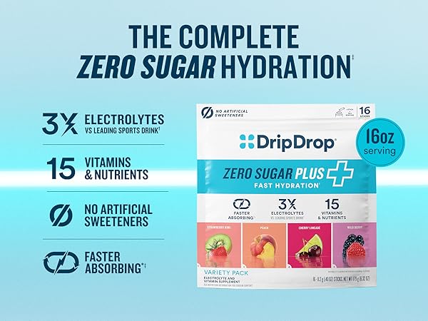 DripDrop Zero Sugar Plus Hydration Packets – Strawberry Kiwi, Peach, Cherry Limeade & Wild Berry, 16 Sticks