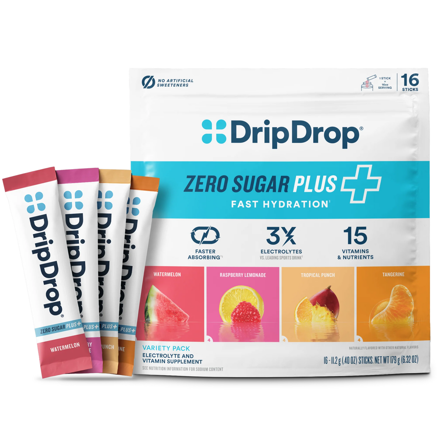 DripDrop Zero Sugar Plus Hydration Packets – Variety Pack, 16 Sticks
