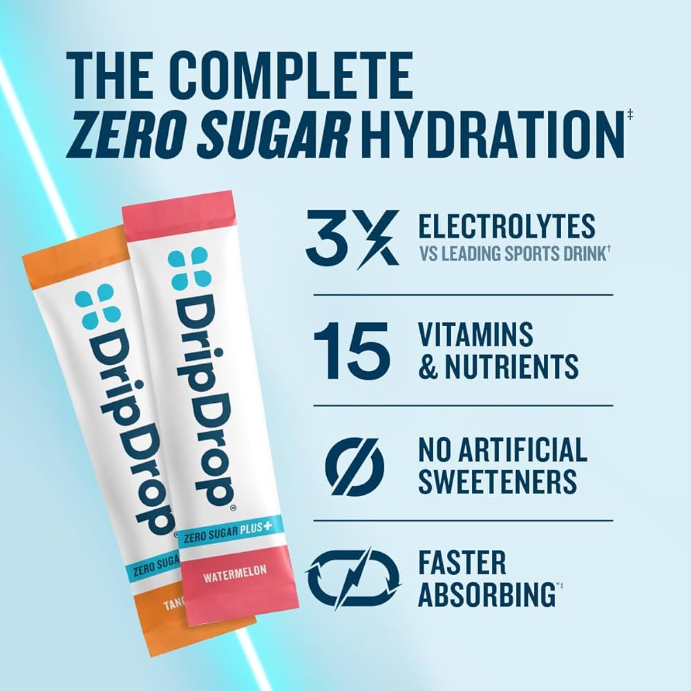 DripDrop Zero Sugar Plus Hydration Packets – Variety Pack, 16 Sticks