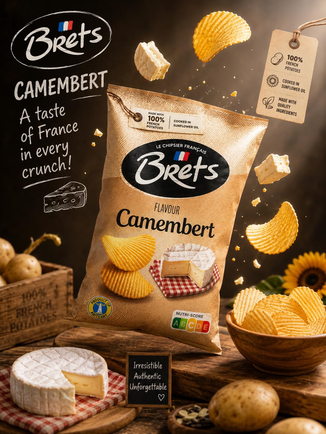 Brets French Camembert Potato Chips – 4.4 oz, Pack of 3