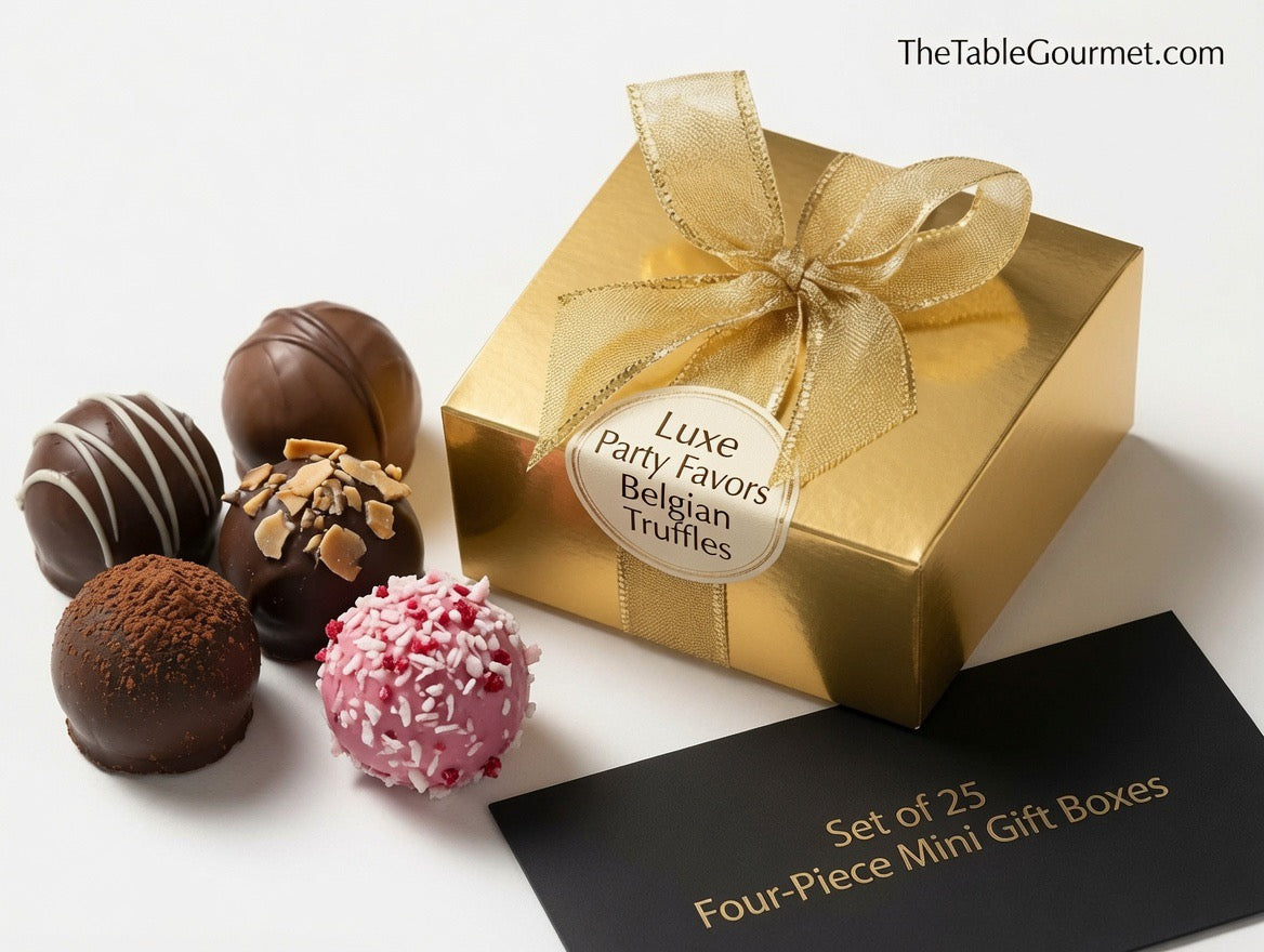 Gourmet Belgian Chocolate Truffles Gift Box, Party Favors: Set of 25, Four -Pieces Mini-Boxes