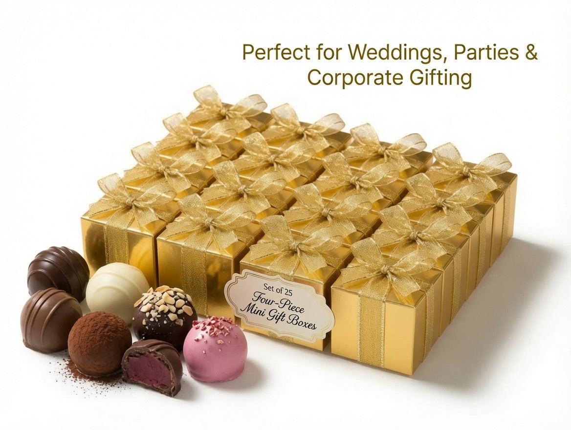 Gourmet Belgian Chocolate Truffles Gift Box, Party Favors: Set of 25, Four -Pieces Mini-Boxes